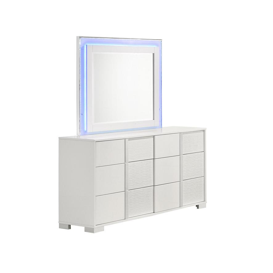 White dresser with 6 drawers and a blue LED light trim on the mirror