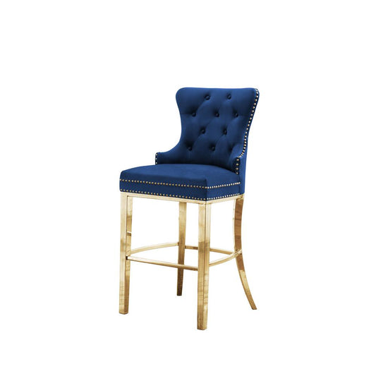 29" Uph Tufted Bar Stool Dining, Navy Blue Velvet, Stainless Steel Gold - Single