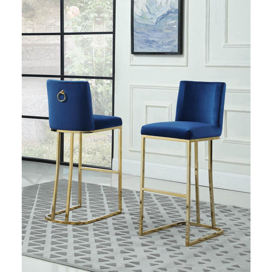 29" Velvet Barstool, Navy Blue, Chrome Gold Base (Set of 2)