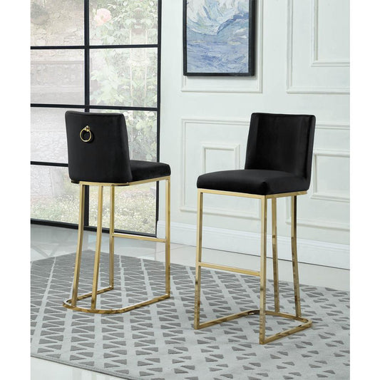 29" Velvet Barstool, Black, Chrome Gold Base (Set of 2)