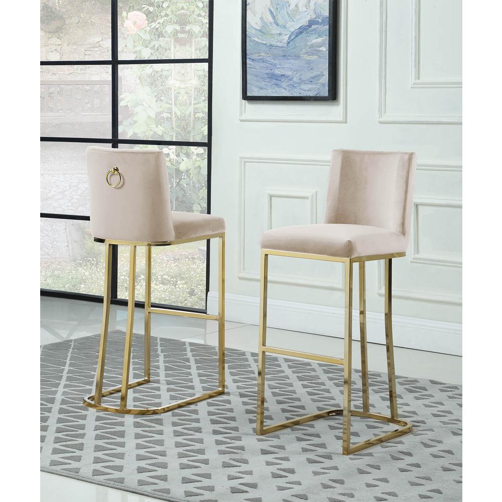 29" Velvet Barstool, Beige, Chrome Gold Base (Set of 2)