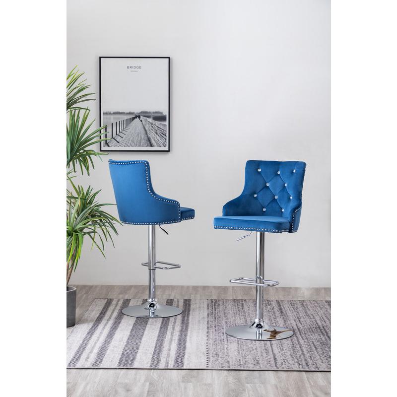 Tufted Velvet Upholstered Adjustable Bar Stool in Navy Blue, Set of 2