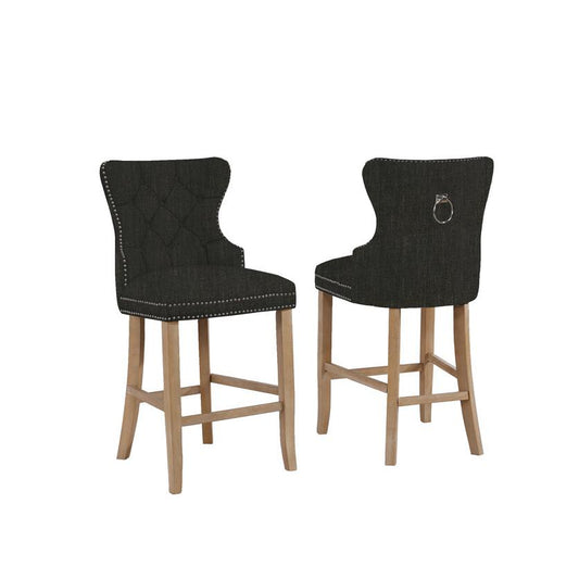 29" Tufted Linen Upholstered Bar Stool in Grey, Set of 2, Black