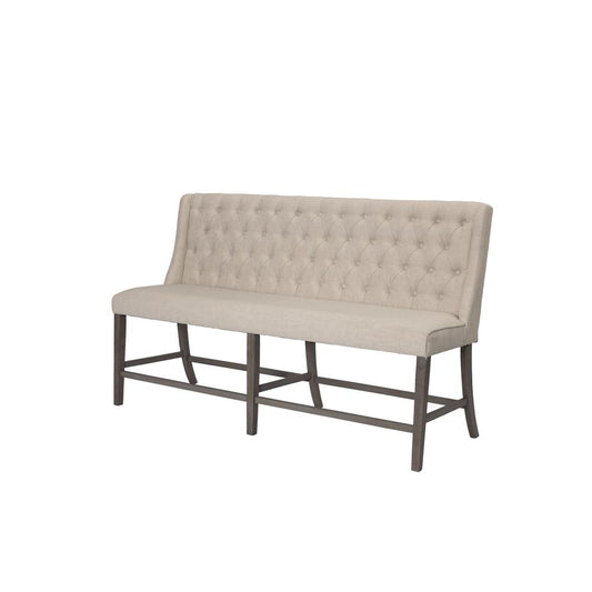 Classic Counter Height Upholstered Bench with Backrest and Tufted Buttons. Beige