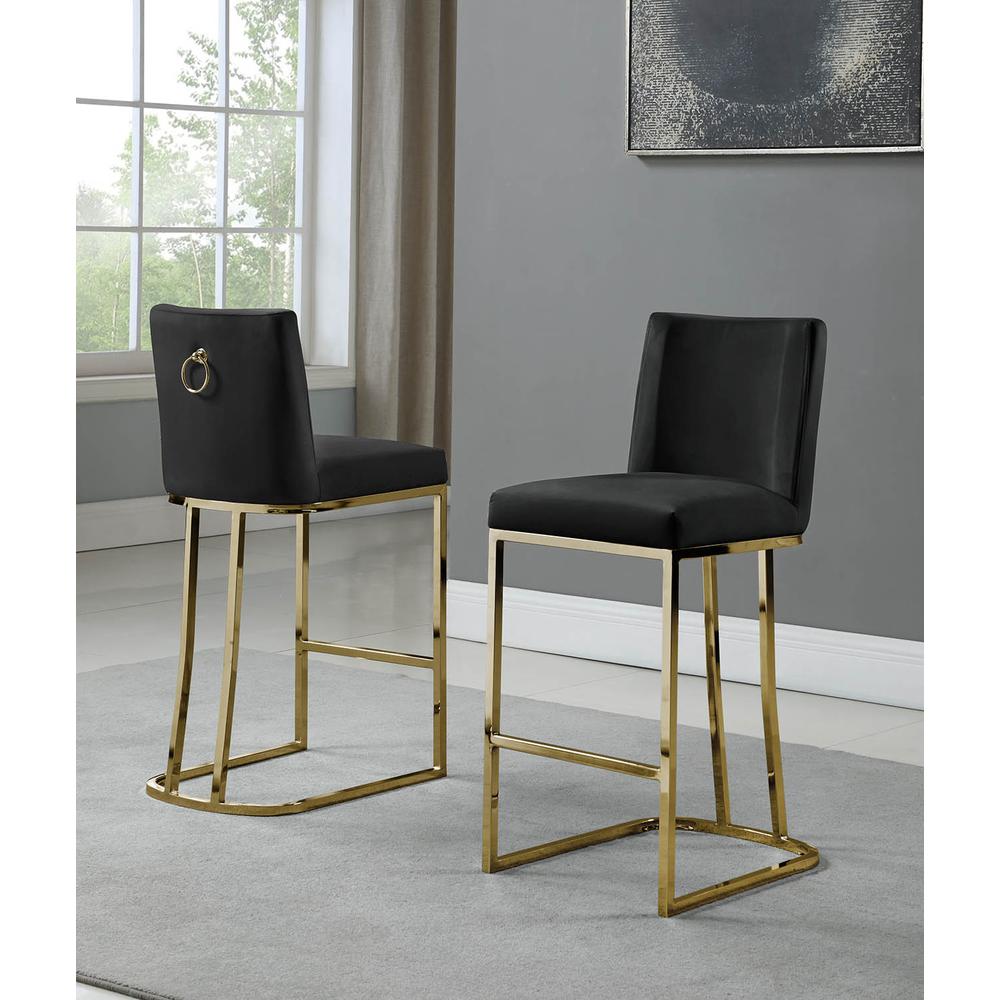 24" Velvet Counter Stool, Black, Chrome Gold Base (Set of 2)