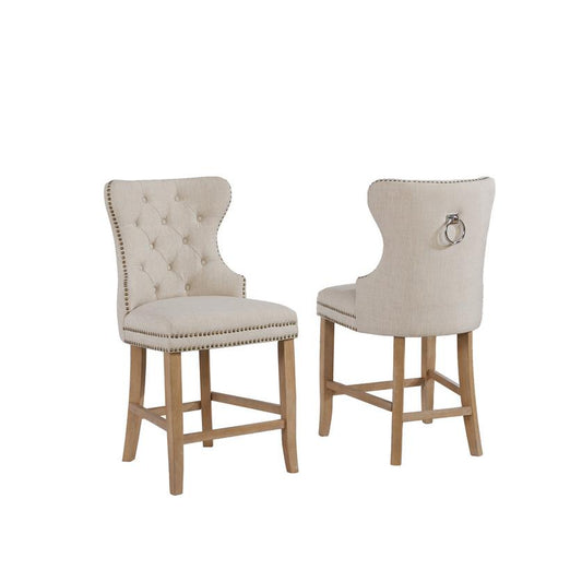 Beige Linen Counterheight Chairs with Rustic Wood