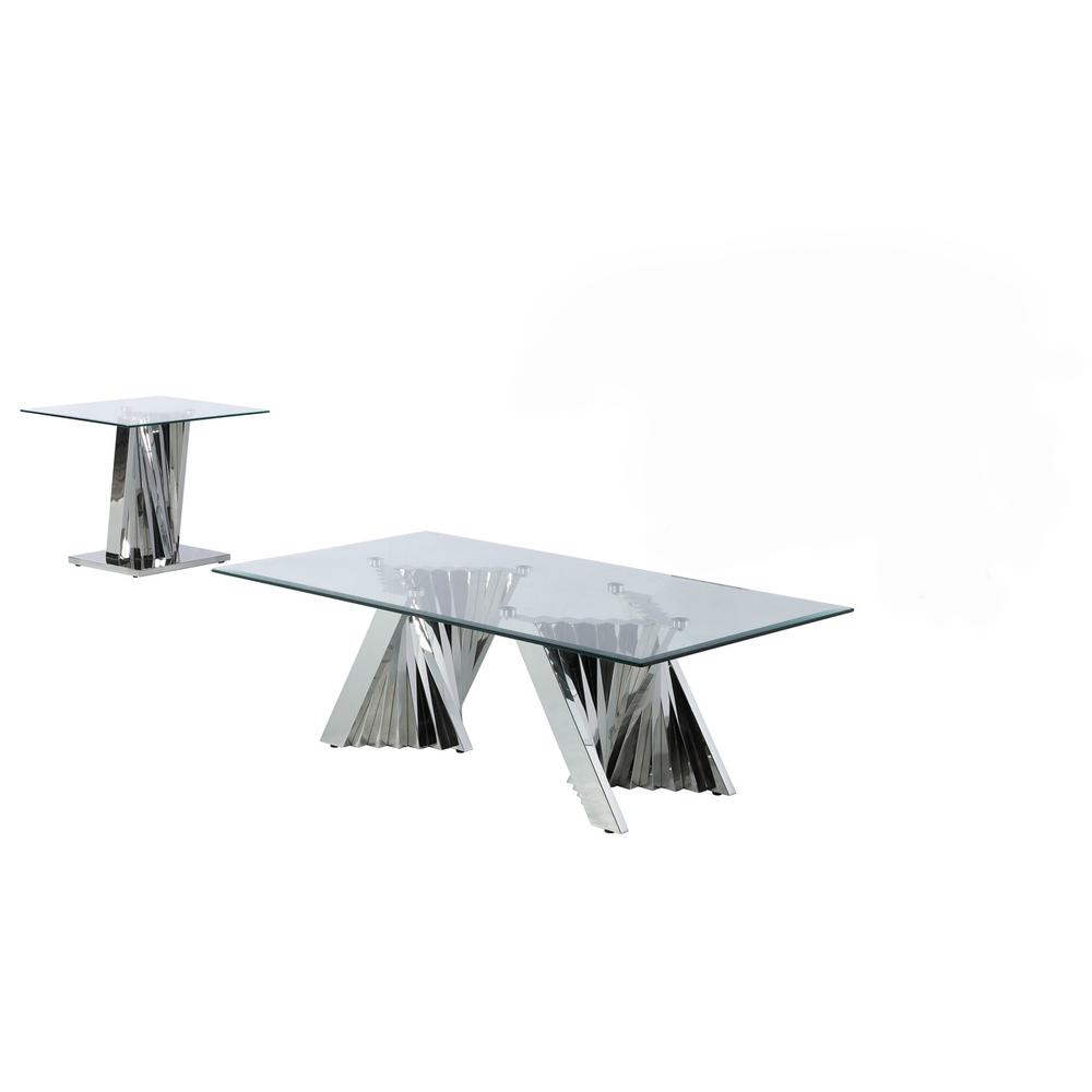 Glass Coffee Table Sets: Coffee Table and End Table with Stainless Steel Base