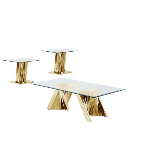 Glass Coffee Table Sets: Coffee Table and 2 End Tables with Stainless Steel Gold Base