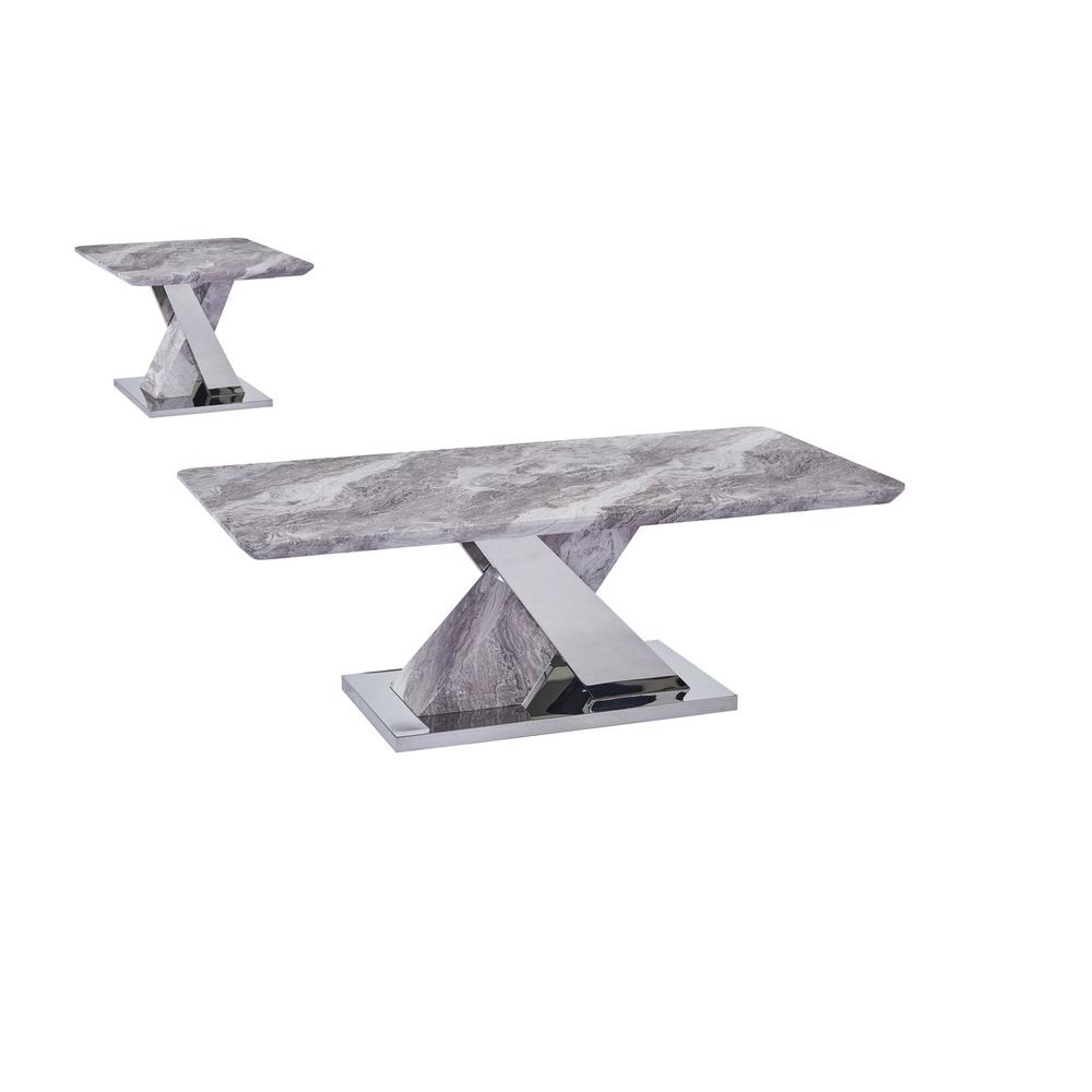 White Faux Marble Coffee Table Set: Coffee Table, End Table w/Stainless Steel X-Base