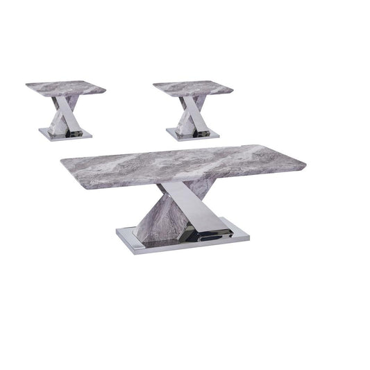 White Faux Marble Coffee Table Set: Coffee Table, 2 End Tables w/Stainless Steel X-Base