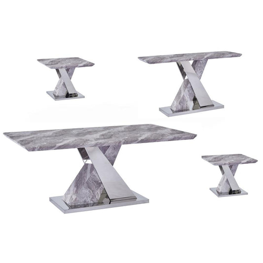 White Faux Marble Coffee Table Set: Coffee Table, 2 End Tables, Console Table w/Stainless Steel X-Base