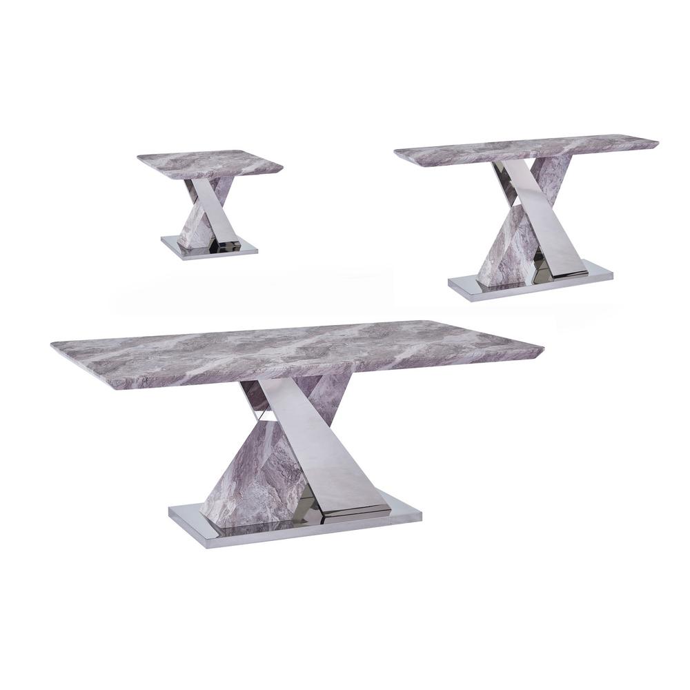 White Faux Marble Coffee Table Set: Coffee Table, End Table, Console Table w/Stainless Steel X-Base