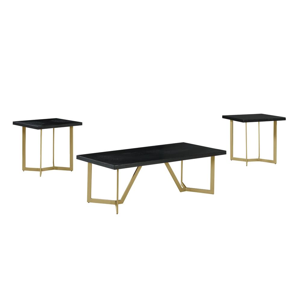 3pc Black wood top coffee table set w/gold color iron base (1Coffee+2end table)