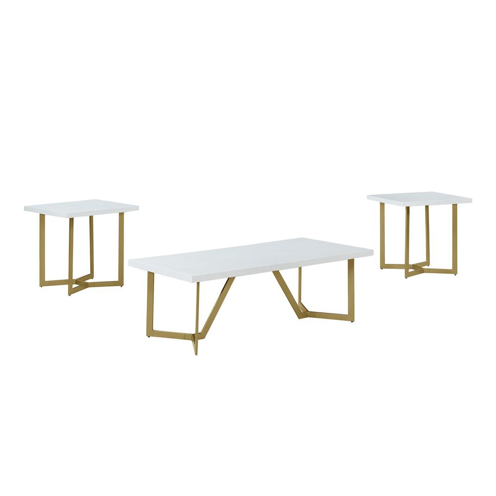 3pc White wood top coffee table set w/gold color iron base (1Coffee+2end table)