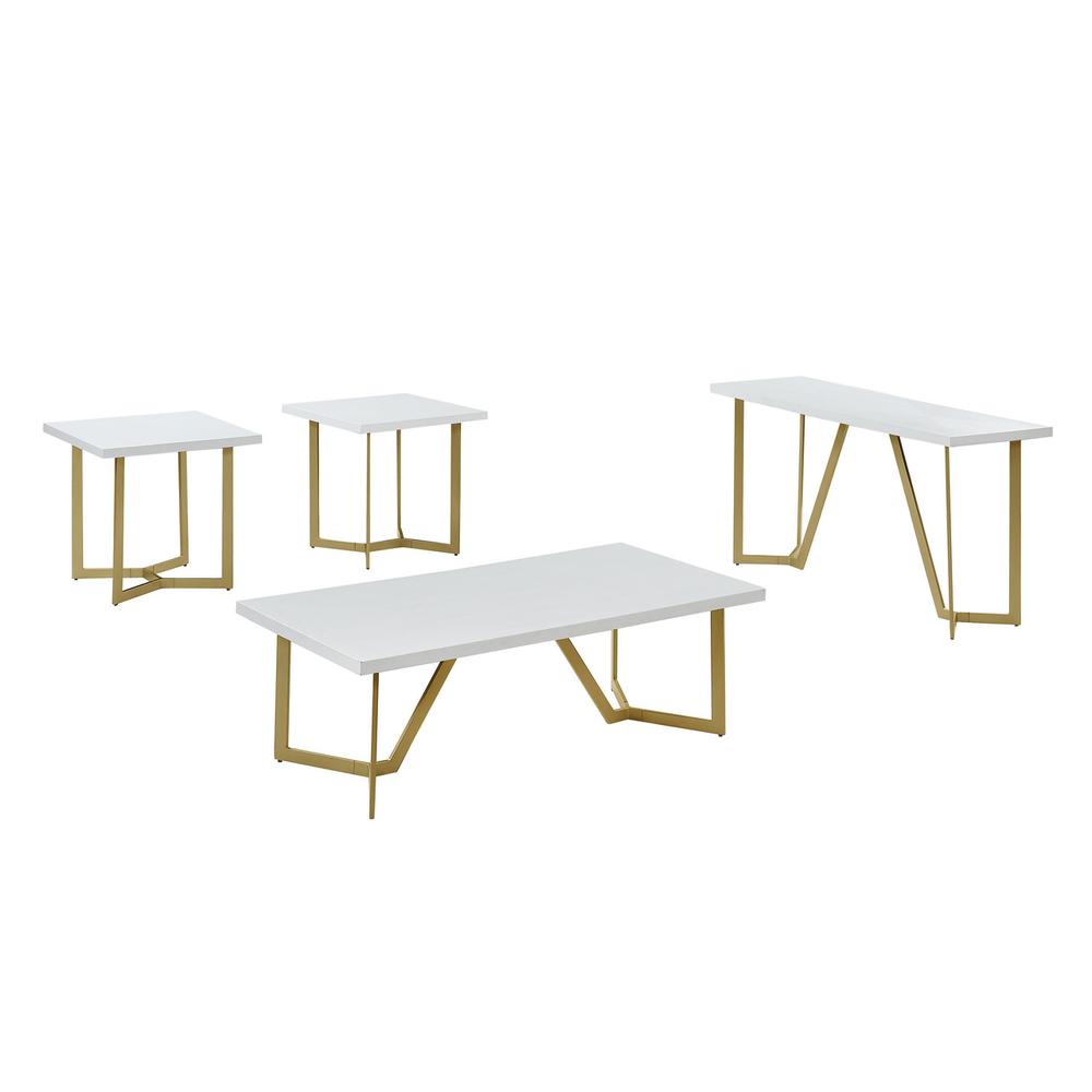 4pc white wood top coffee table set w/ gold color iron base (1 coffee+2End+1console table)