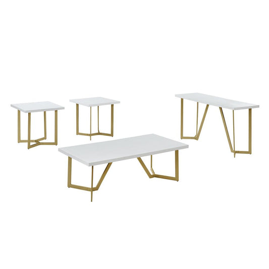 4pc white wood top coffee table set w/ gold color iron base (1 coffee+2End+1console table)