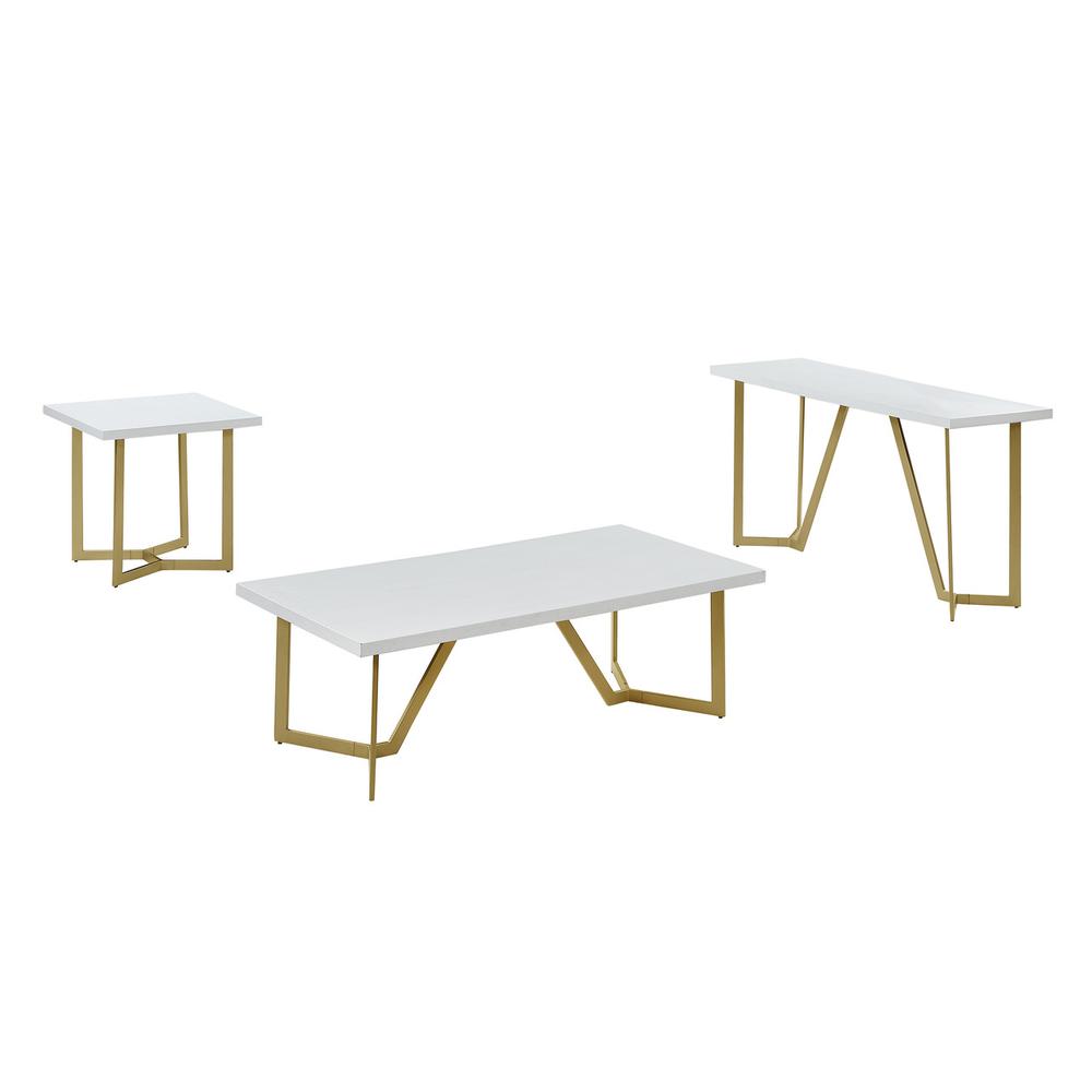 3pc White wood top coffee table set w/gold color iron base (1Coffee+1End+1console table)