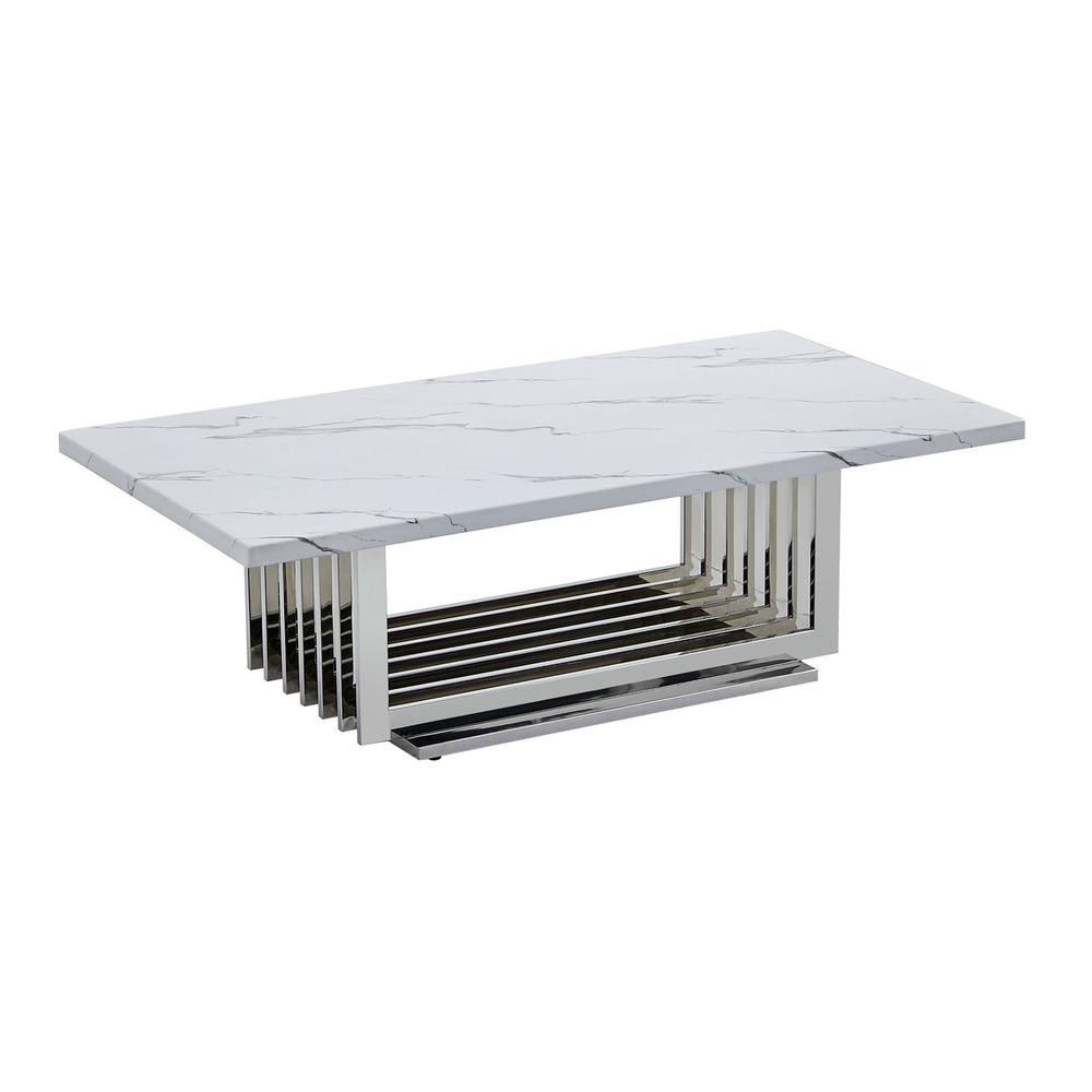 White marble top coffee table with a silver color stainless steel base