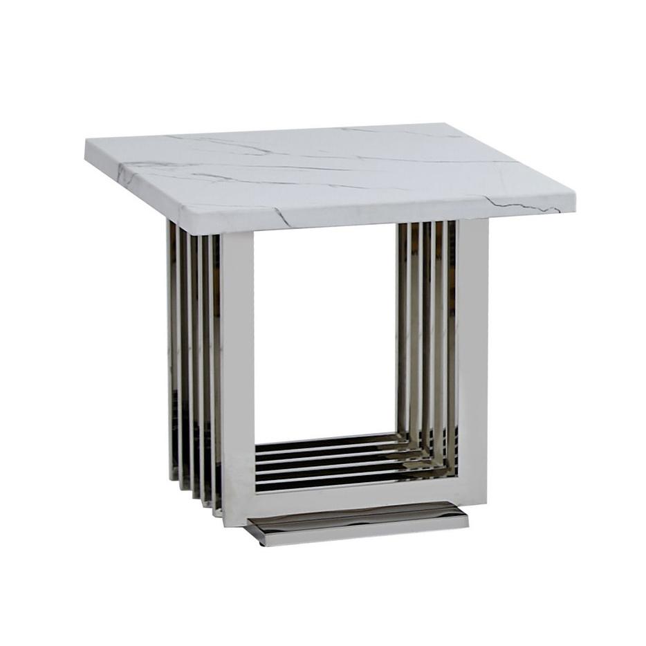 White marble top end table with a silver color stainless steel base