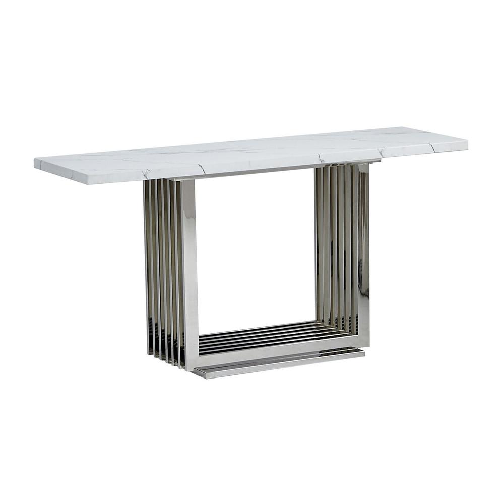 White marble top console table with a silver color stainless steel base