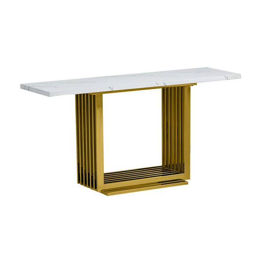 White marble top console table with gold color stainless steel base