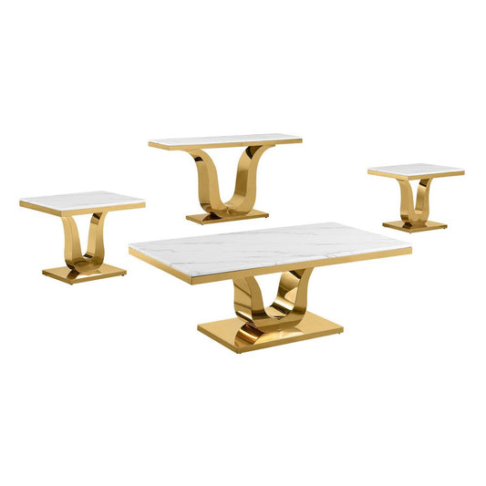 4pc white marble coffee set with a gold base (Coffee + 2 End + Console table)