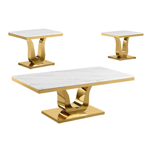 3pc white marble coffee set with a gold color base (Coffee + 2 End table)