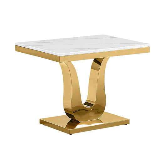 White marble end table with a gold color stainless steel base