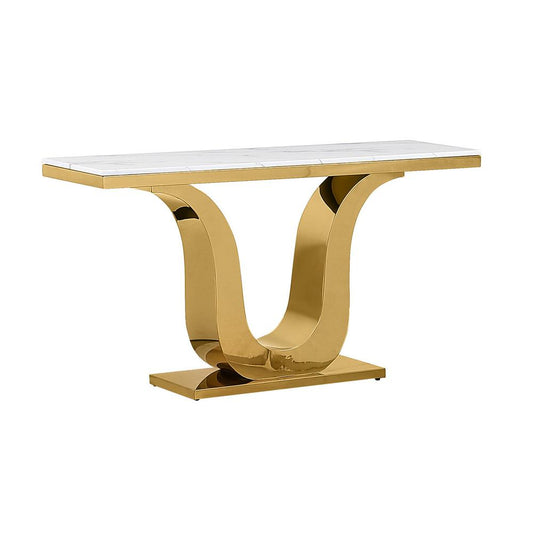 White marble console table with a gold color stainless steel base