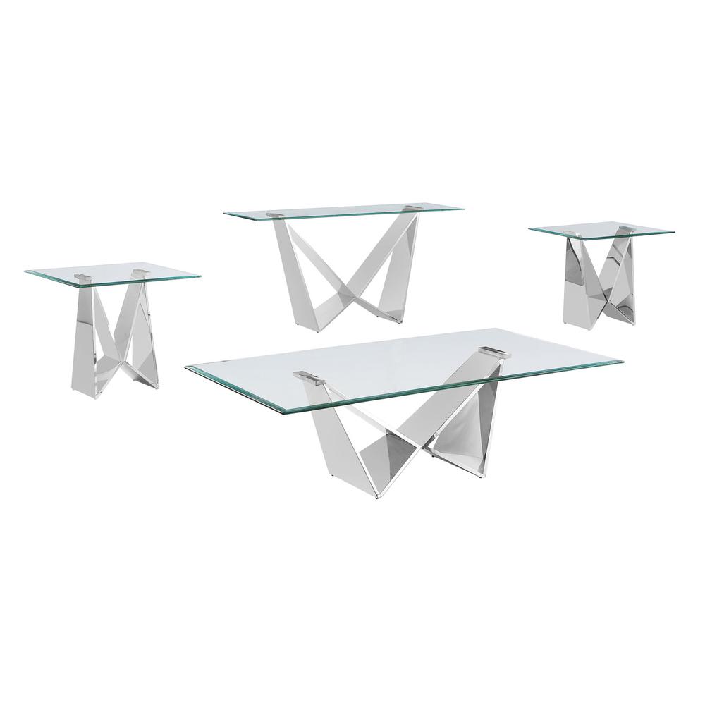 4pc glass coffee table set with silver base (Coffee + 2 End + Console table)