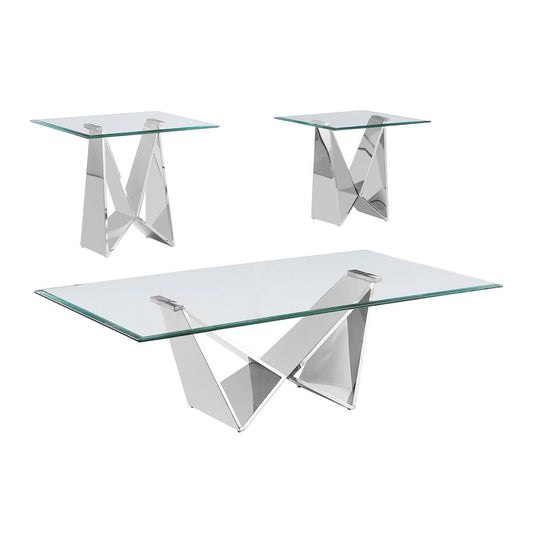 3pc clear glass coffee table set with silver base (Coffee + 2 End table)