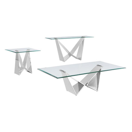 3pc glass coffee table set with silver base (Coffee + End + Console table)