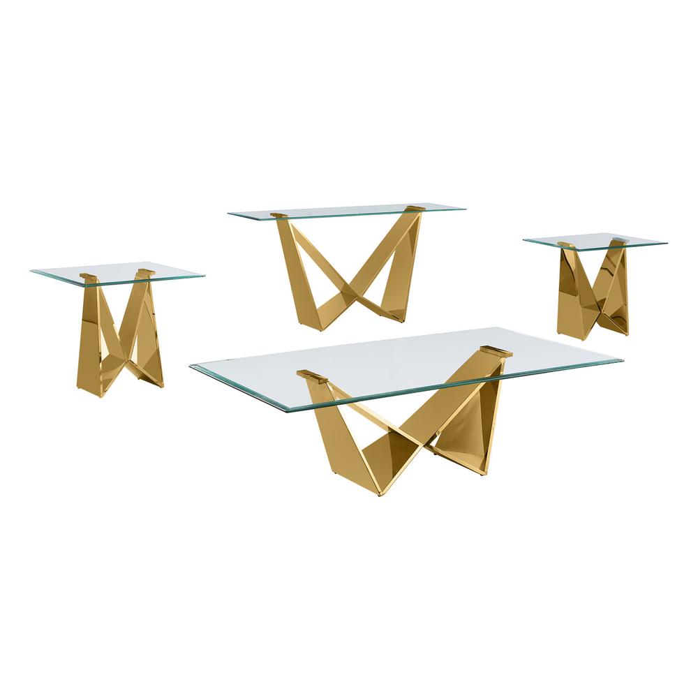 4pc glass coffee table set with gold base (Coffee + 2 End + Console table)