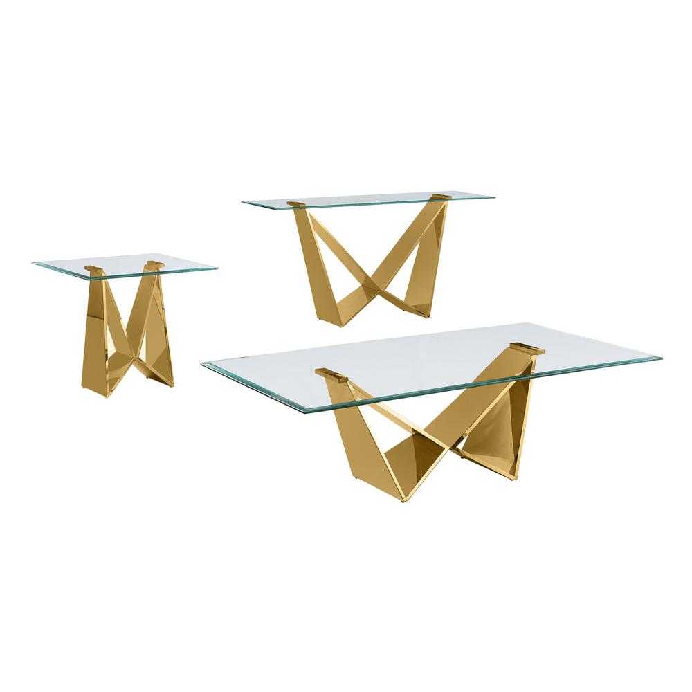 3pc clear glass coffee table set with gold base (Coffee + End + Console table)