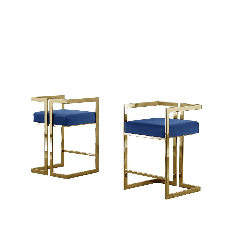 24" Uph Accent Counter Chairs, Navy Blue Velvet, Chrome Gold - Set of 2