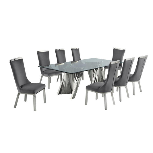 9pc dining set- Recatngle Glass table with silver color base and Dark Grey velvet chairs