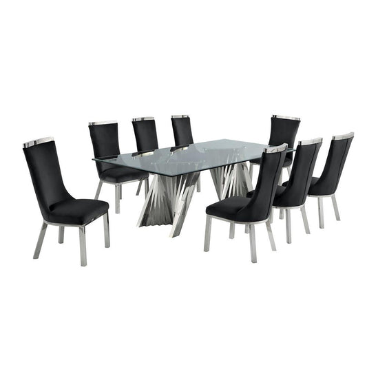 9pc dining set- Recatngle Glass table with silver color base and Black velvet chairs