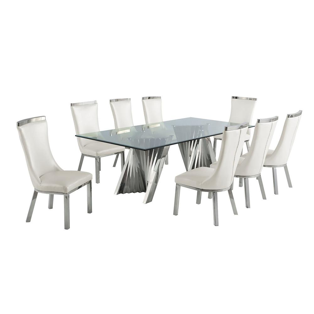 9pc dining set- Recatngle Glass table with silver color base and White faux leather chairs