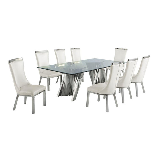 9pc dining set- Recatngle Glass table with silver color base and White faux leather chairs