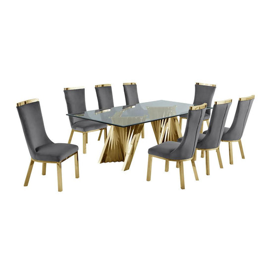 9pc dining set- Recatngle Glass table with gold color base and Dark Grey velvet chairs