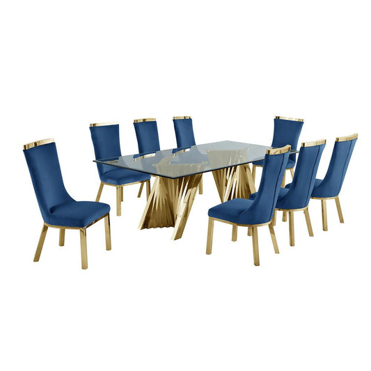 9pc dining set- Recatngle Glass table with gold color base and Navy Blue velvet chairs