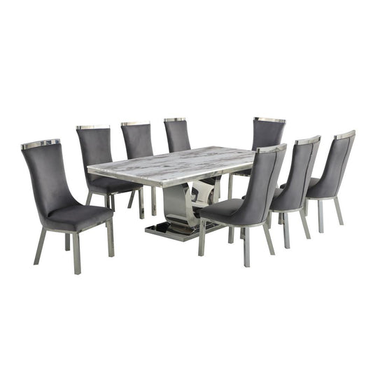 9pc dining set- Rectangle Marble table with a U shape silver base and 8 Dark Grey side chairs