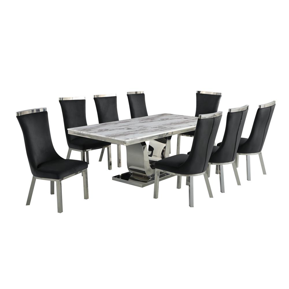 9pc dining set- Rectangle Marble table with a U shape silver base and 8 black side chairs