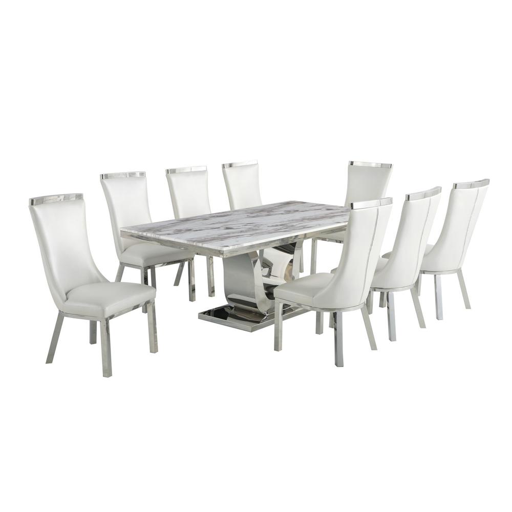 9pc dining set- Rectangle Marble table with a U shape silver base and 8 white faux leather chairs