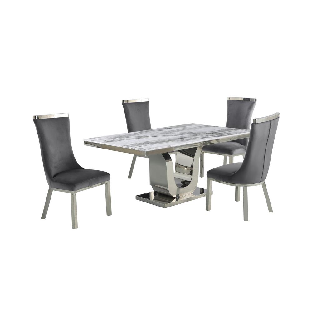 5pc dining set- Rectangle Marble table with a U shape base and 4 side chairs in Dark Grey Velvet