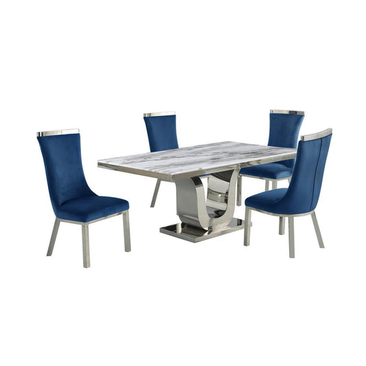 5pc dining set- Rectangle Marble table with a U shape base and 4 side chairs in Navy Blue Velvet