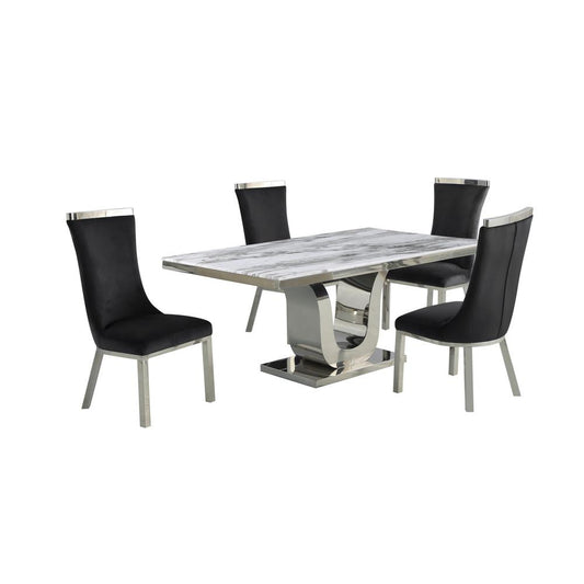 5pc dining set- Rectangle Marble table with a U shape base and 4 side chairs in Black Velvet