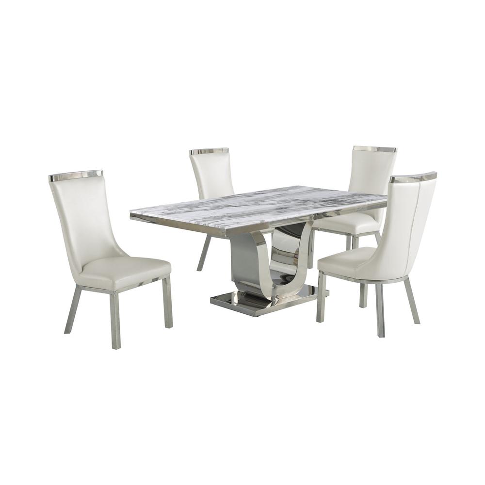 5pc dining set- Rectangle Marble table with a U shape base and 4 side chairs in White faux Leather