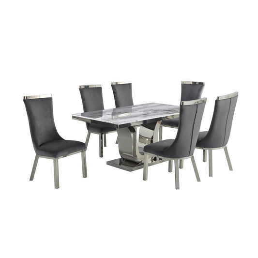 7pc dining set- Recatngle Marble table with a U shape base and 6 side chairs in Dark Grey