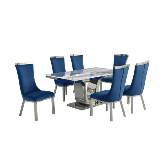 7pc dining set- Recatngle Marble table with a U shape base and 6 side chairs in Navy Blue